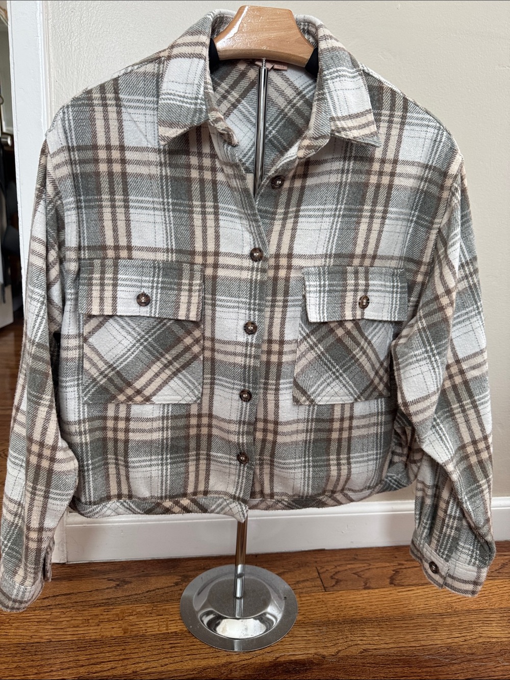 Plaid Button-Down Shirt Jacket in Cream, Gray, Brown